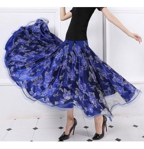 Royal blue floral long length full skirted women ladies female large swing competition performance professional ballroom tango waltz dance dancing skirts